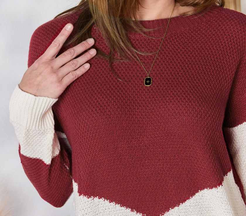 Hailey & Co Full Size Color Block Dropped Shoulder Knit Top