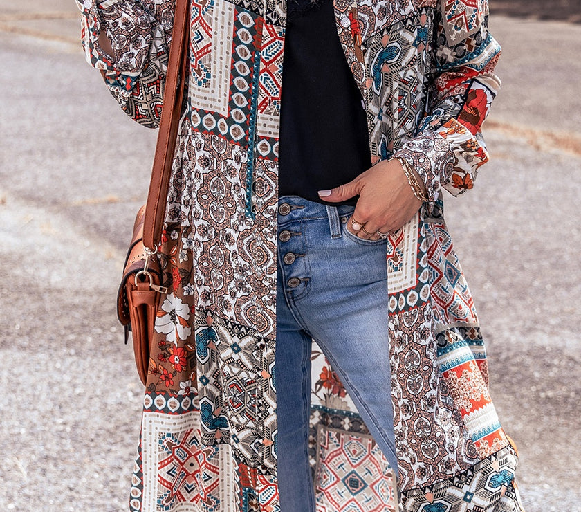 Printed Open Front Collared Neck Cardigan