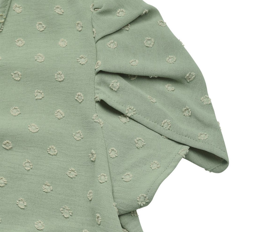 Perfee Swiss Dot Round Neck Petal Sleeve Blouse