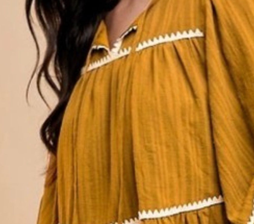 Annie Wear Tassel Contrast Trim Tie Neck Half Sleeve Tiered Dress