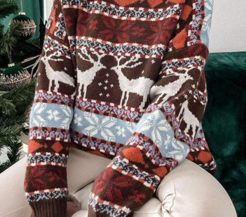 Geometric Round Neck Dropped Shoulder Sweater