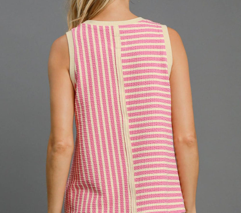Umgee Round Neck Texture Striped Tank