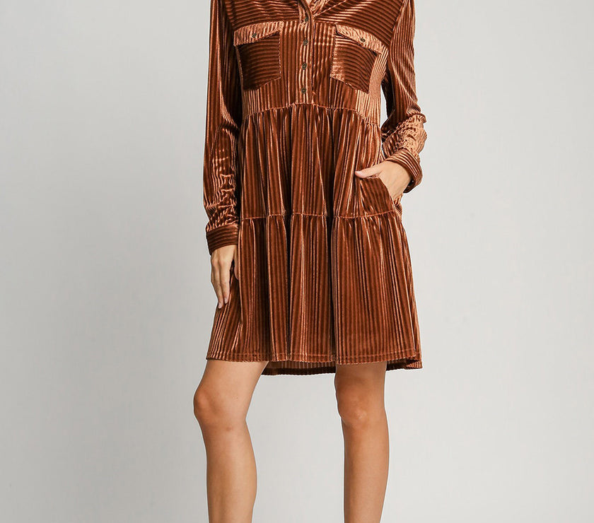 Umgee Texture Tiered Collared Long Sleeve Dress