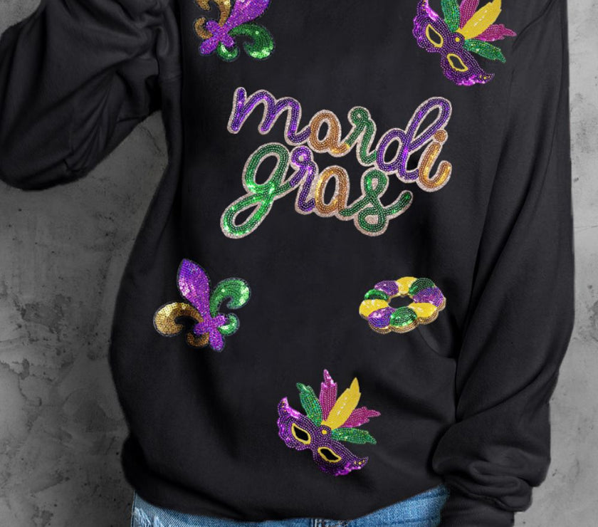 MARDI GRAS Sequin Round Neck Sweatshirt