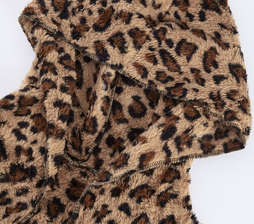 Fuzzy Leopard Long Sleeve Hooded Jacket