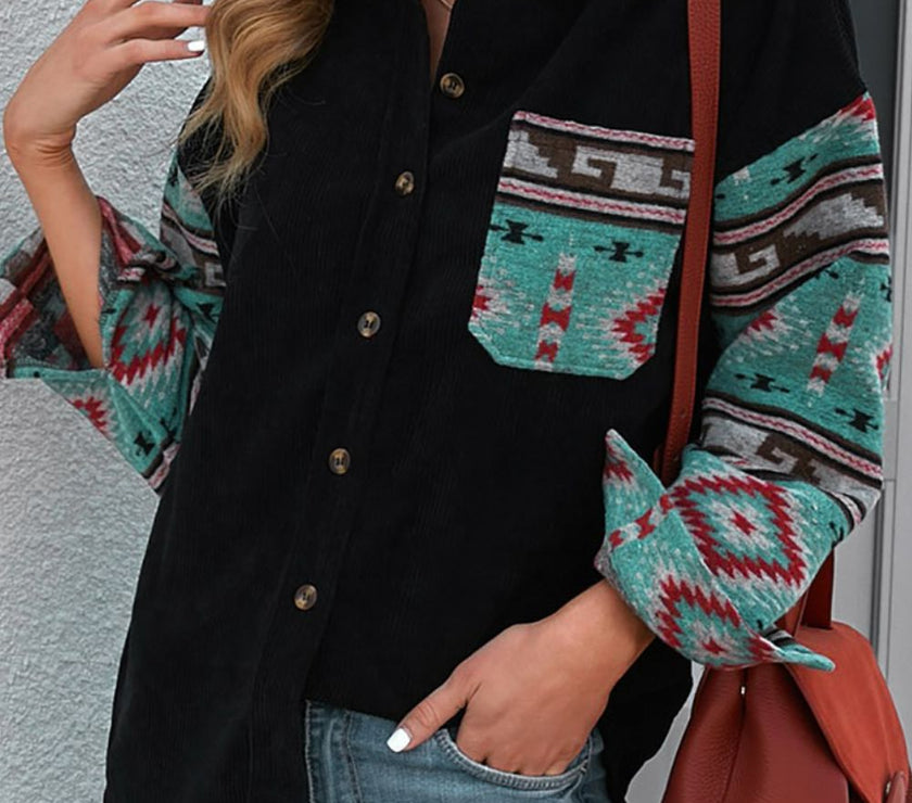 Pocketed Geometric Collared Neck Shacket