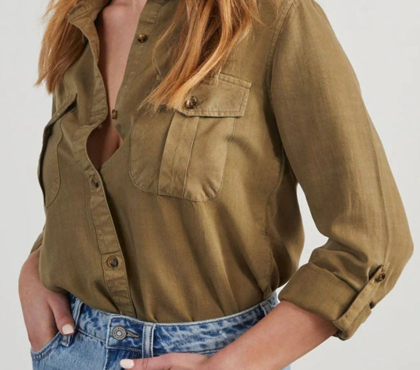 Collared Neck Roll-Tab Sleeve Denim Top