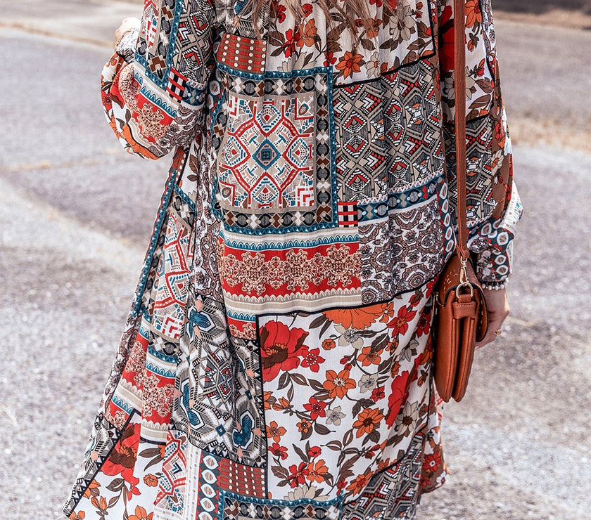 Printed Open Front Collared Neck Cardigan