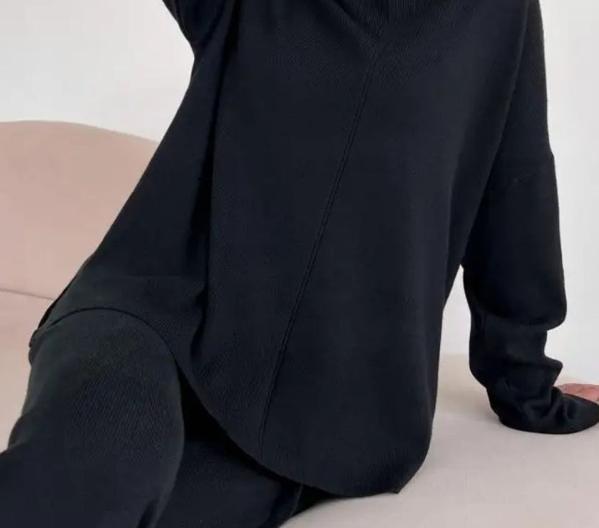 Slit Mock Neck Top and Pants Sweater Set