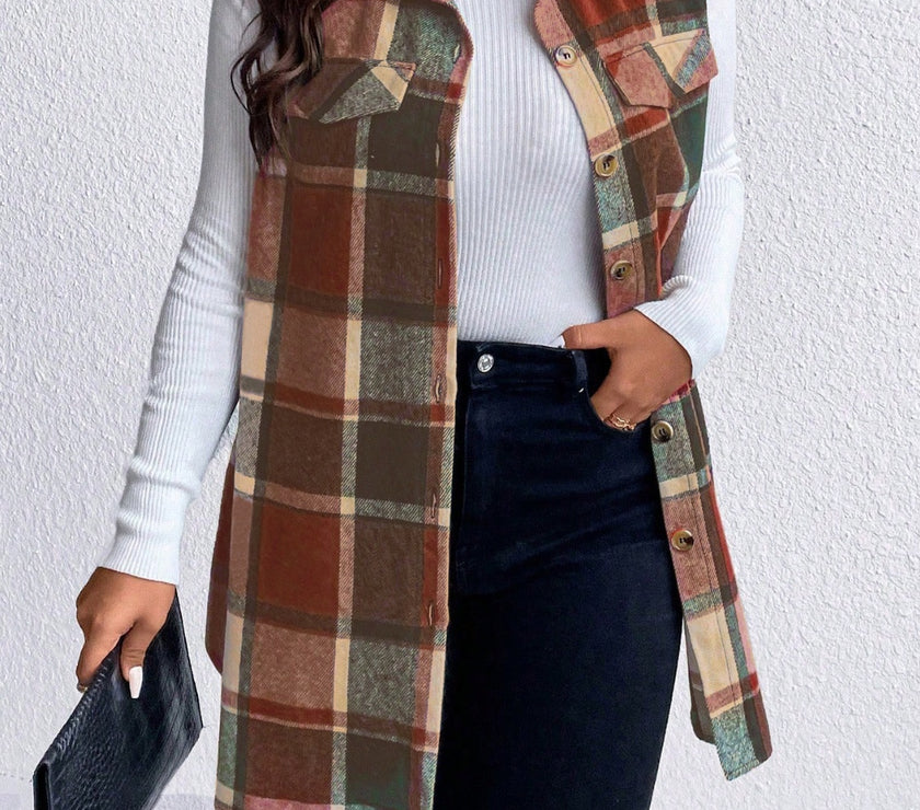Honey Plus Size Pocketed Plaid Button Up Vest Coat