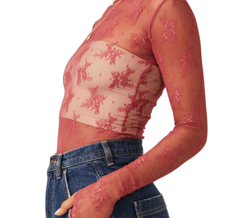 Lace Mock Neck Long Sleeve Blouse