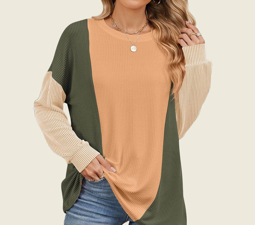 Double Take Texture Contrast Round Neck Long Sleeve T-Shirt