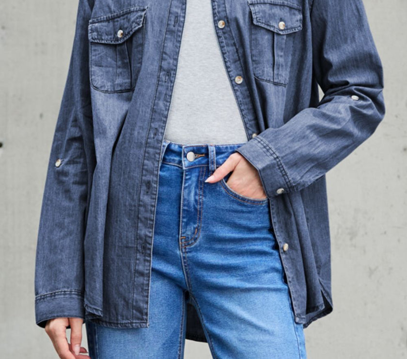 Pocketed Collared Neck Long Sleeve Denim Top