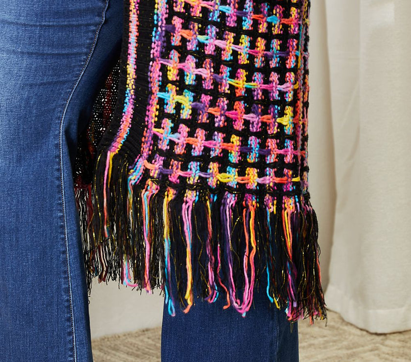 Angel Wings Full Size Multicolored Open Front Fringe Hem Cardigan