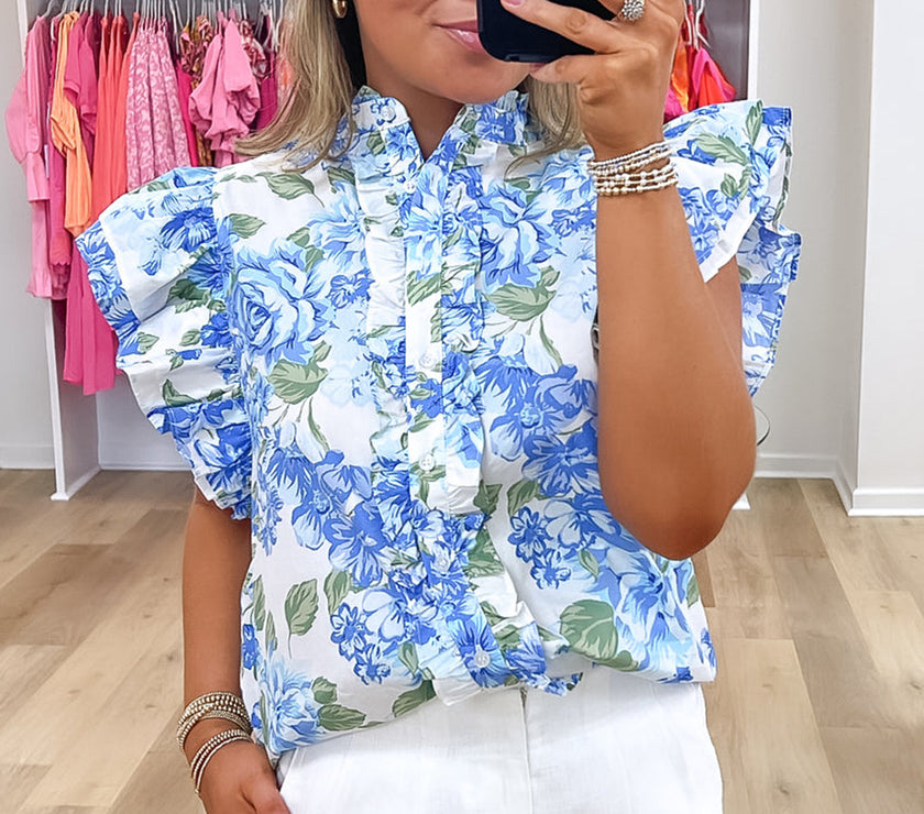 Sky Blue Floral Print Ruffle Sleeve Frilly Button Up Shirt