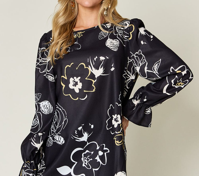 Double Take Full Size Printed Flounce Sleeve Blouse