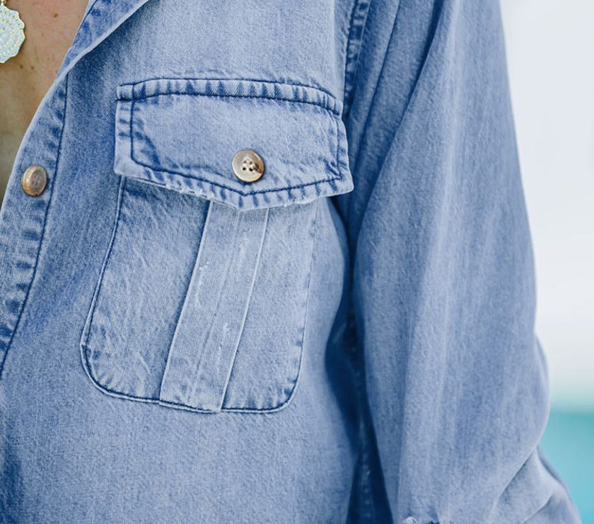 Pocketed Collared Neck Long Sleeve Denim Top