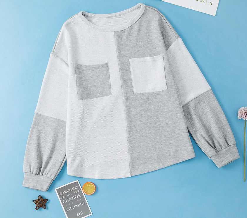 Color Block Double Chest Pocket Boat Neck Top