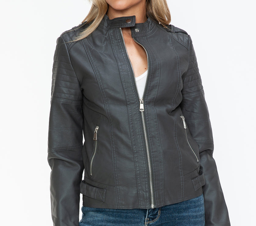 Snobbish PU Leather Biker Jacket with Side Zip Pockets