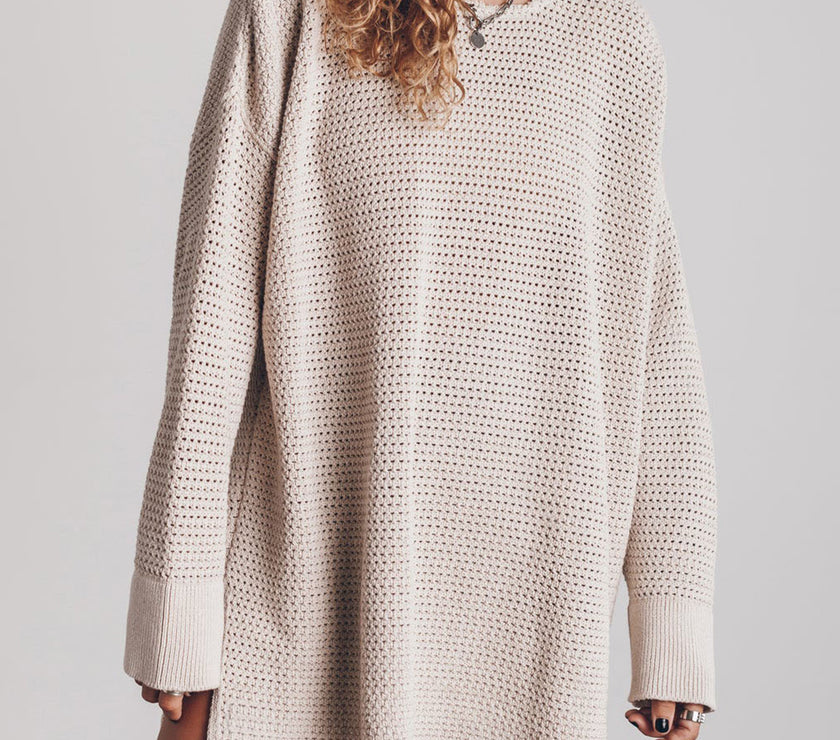 Openwork Round Neck Long Sleeve Slit Sweater
