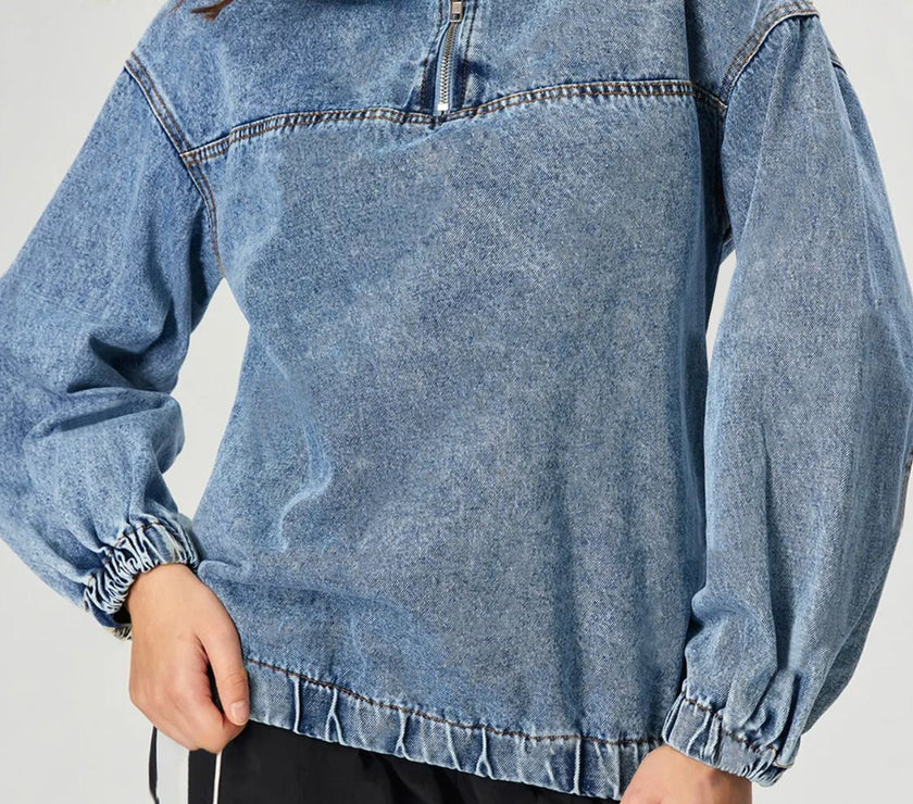 Quarter Zip Collared Neck Denim Top