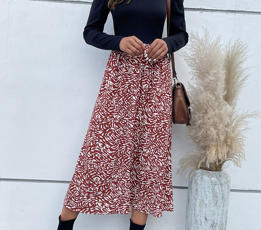 Perfee Printed Mock Neck Puff Sleeve Midi Dress