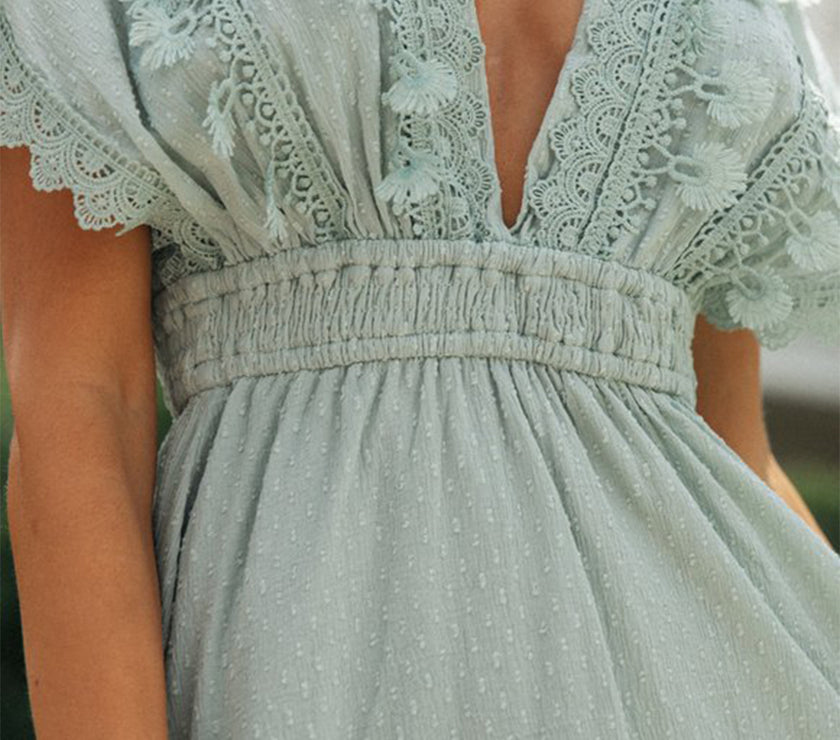 Lace Detail Plunge Short Sleeve Mini Dress
