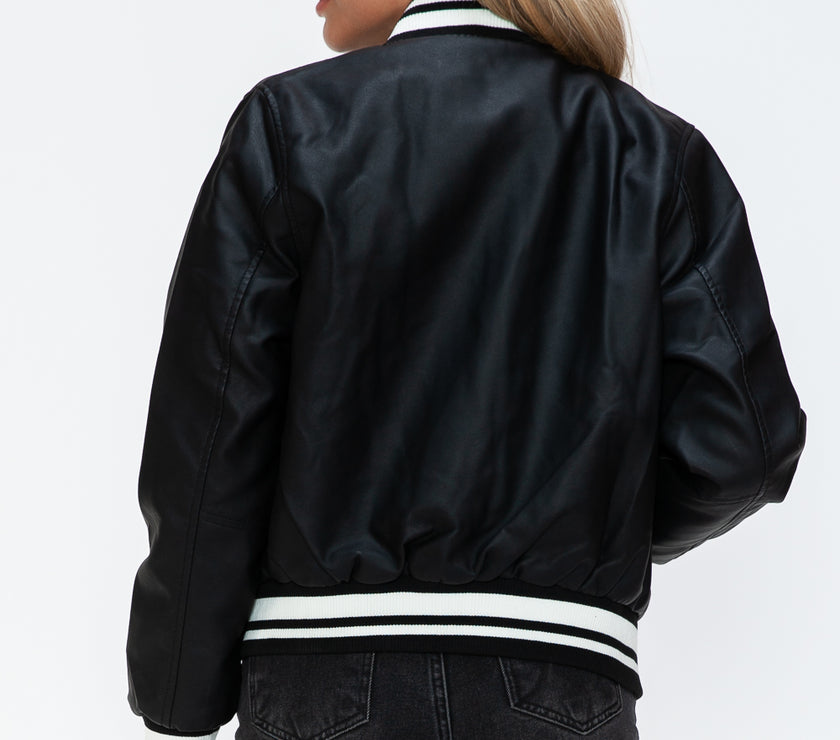 Love Me Now PU Leather Contrast Snap Down Bomber Jacket