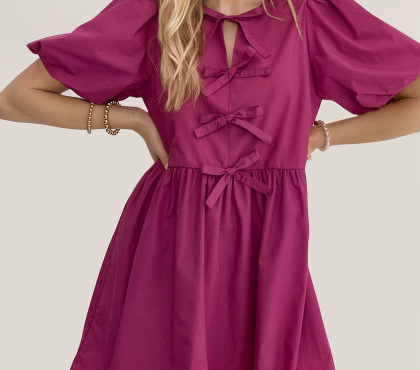 Oh Bow Ruched Puff Sleeve Mini Dress