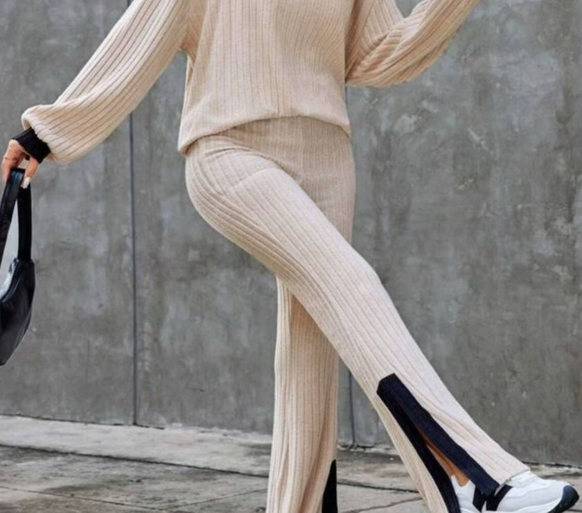 Contrast Round Neck Long Sleeve Top and Bootcut Pants Set
