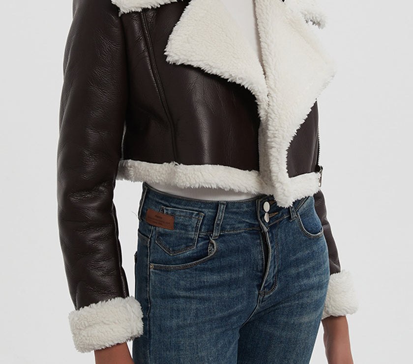 Collared Neck Long Sleeve Plush Cropped Jacket