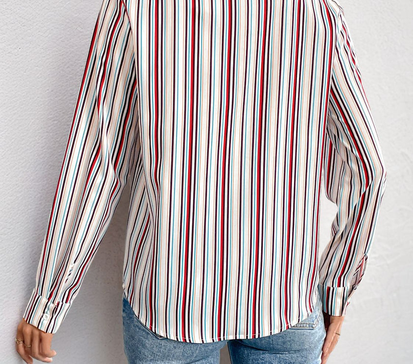 Perfee Contrast Striped Collared Neck Long Sleeve Shirt