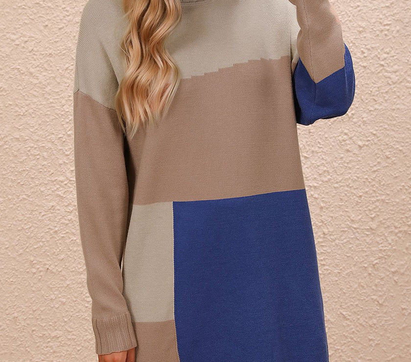 Color Block Mock Neck Dropped Shoulder Sweater Dress
