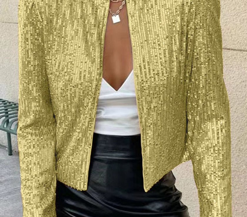 Full Size Sequin Open Front Cropped Jacket