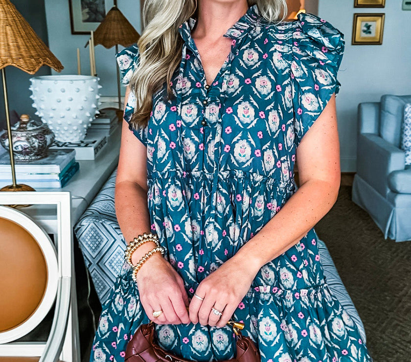 Blue Retro Floral Print Split Neck Ruffle Short Sleeve Dress