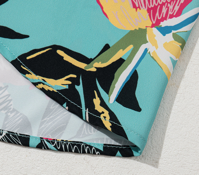 Green Plus Size Floral Smocked Bodice Single Puff Short Sleeve Babydoll Blouse