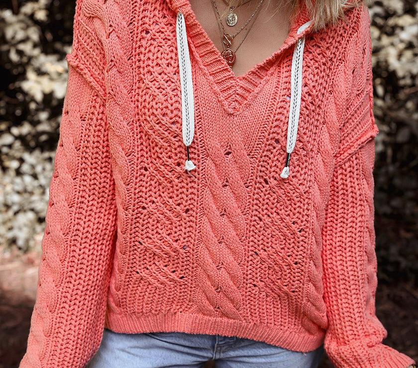 Drawstring Cable-Knit Hooded Sweater
