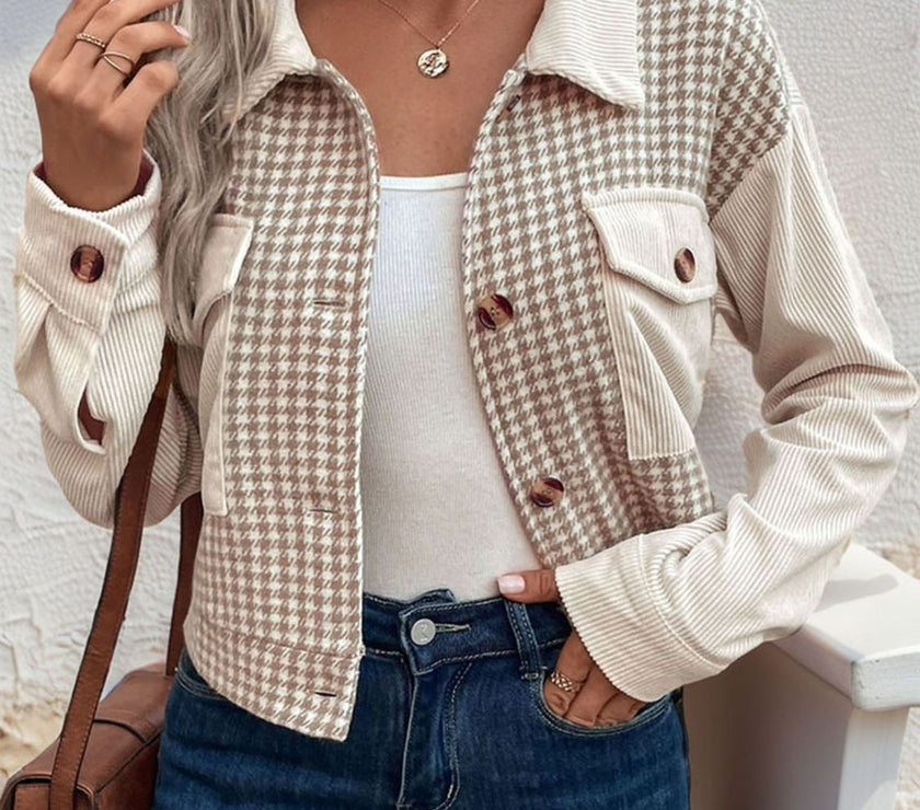 Perfee Pocketed Houndstooth Long Sleeve Jacket