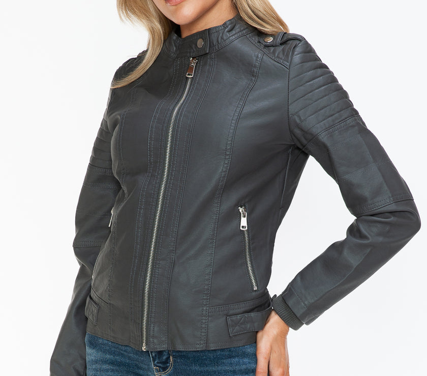Snobbish PU Leather Biker Jacket with Side Zip Pockets