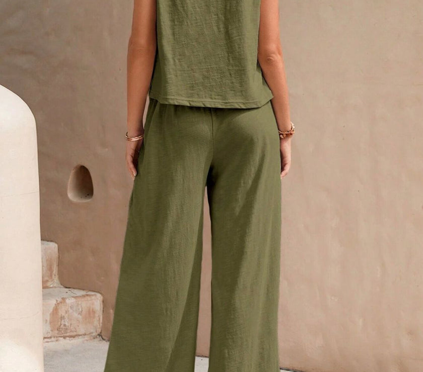 Round Neck Sleeveless Top and Wide Leg Pants Set