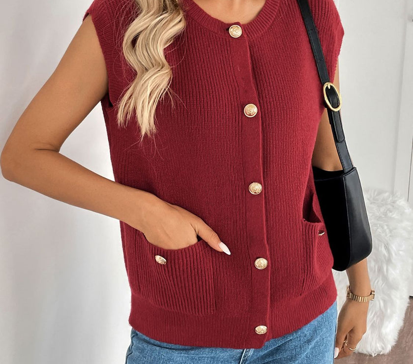 Perfee Pocketed Round Neck Cap Sleeve Cardigan