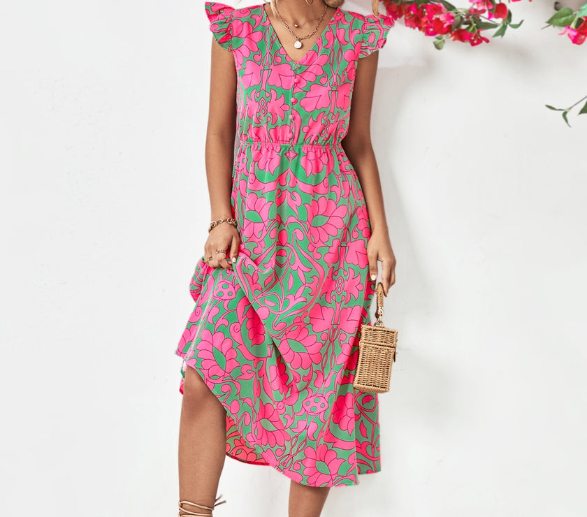 Printed V-Neck Cap Sleeve Dress