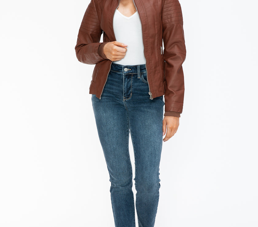 Snobbish PU Leather Biker Jacket with Side Zip Pockets