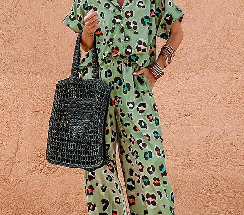 Green Leopard Print Short Sleeve Shirt and Wide Leg Pants Set