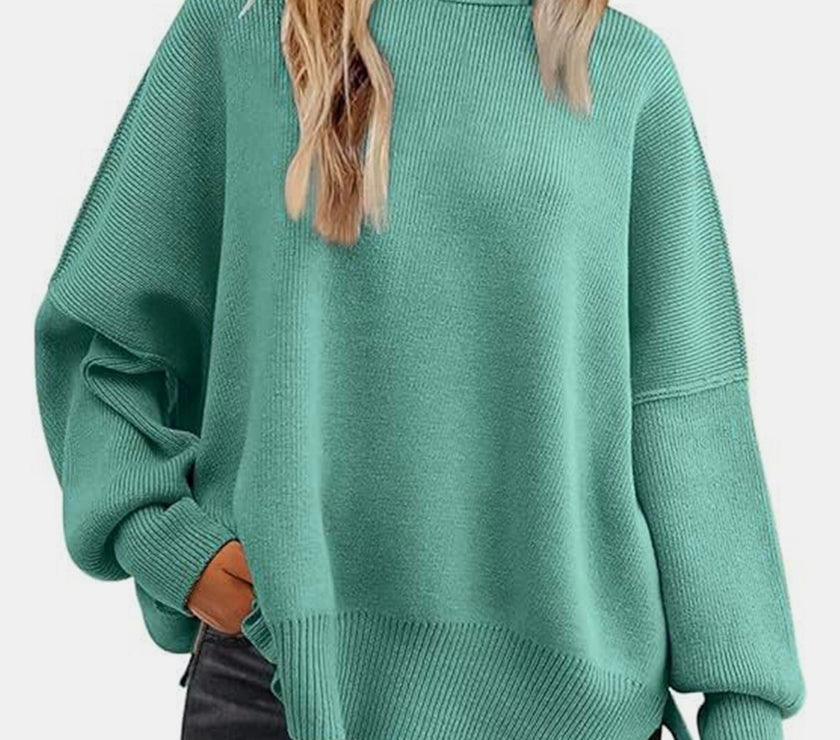 Round Neck Drop Shoulder Slit Sweater