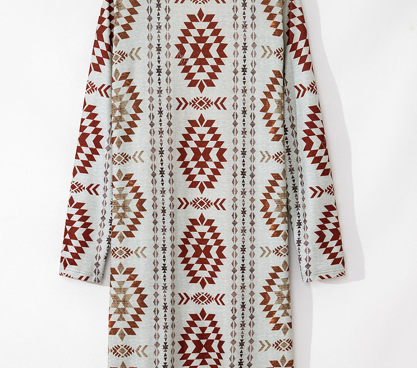 Brown Western Aztec Printed Open Front Long Cardigan