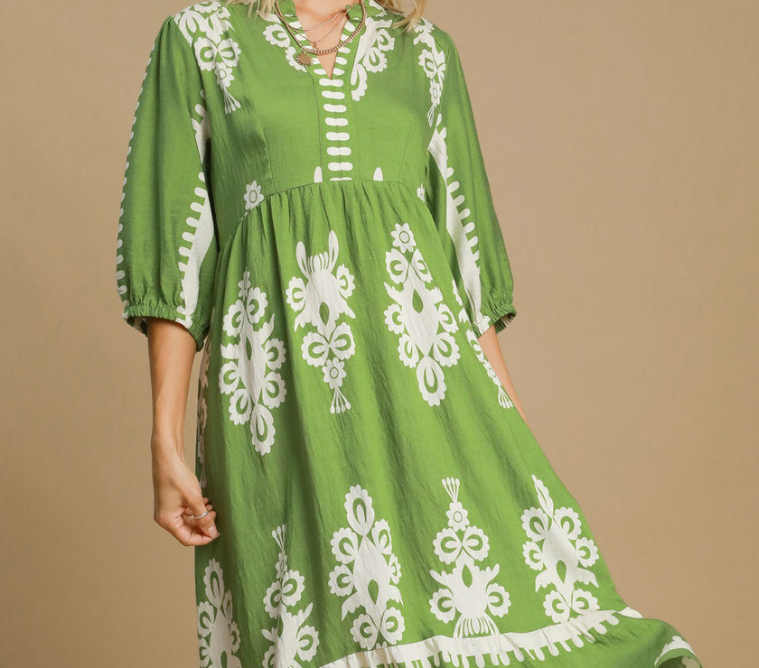 Umgee Printed Notched Midi Dress