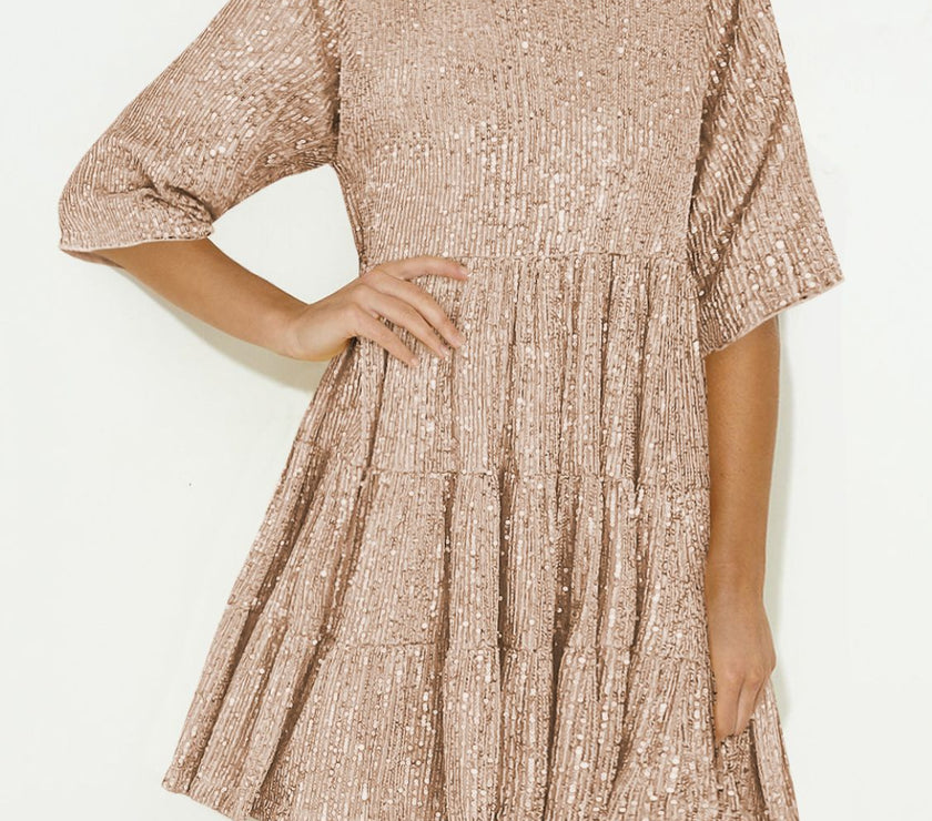 Sequin Round Neck Half Sleeve Mini Dress