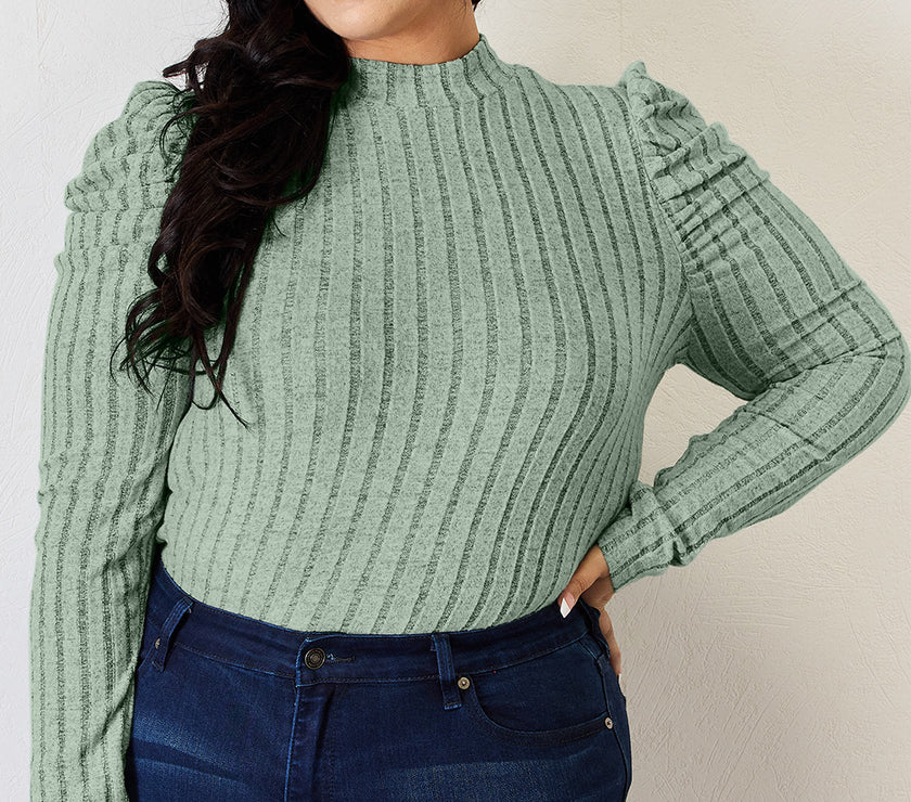 Basic Bae Full Size Ribbed Mock Neck Puff Sleeve T-Shirt