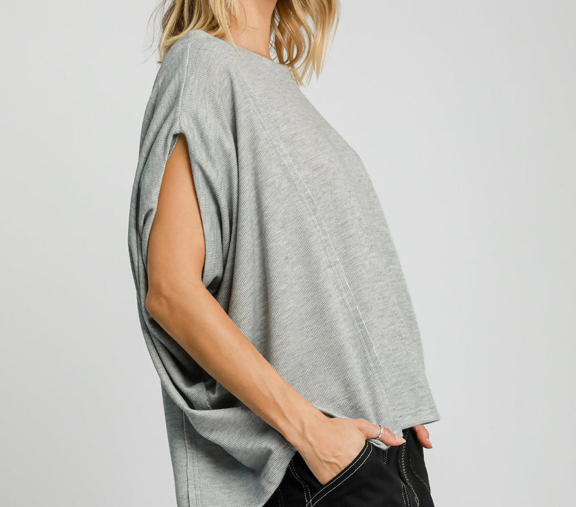 Umgee Exposed Seam Round Neck Batwing Sleeve Knit Top